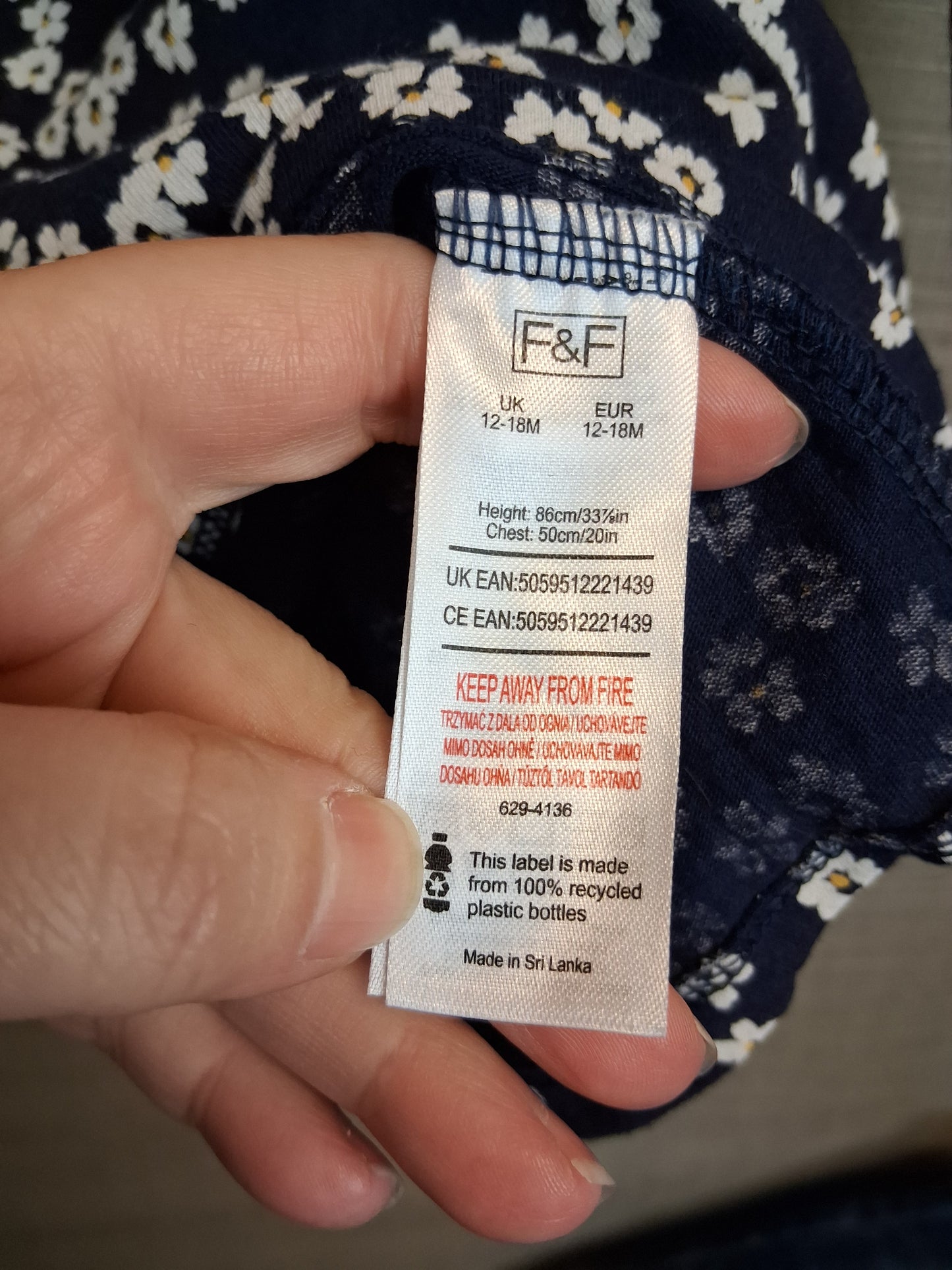 F&F Girls Blue Floral Jersey Long Sleeve Dress Age 12-18 Months