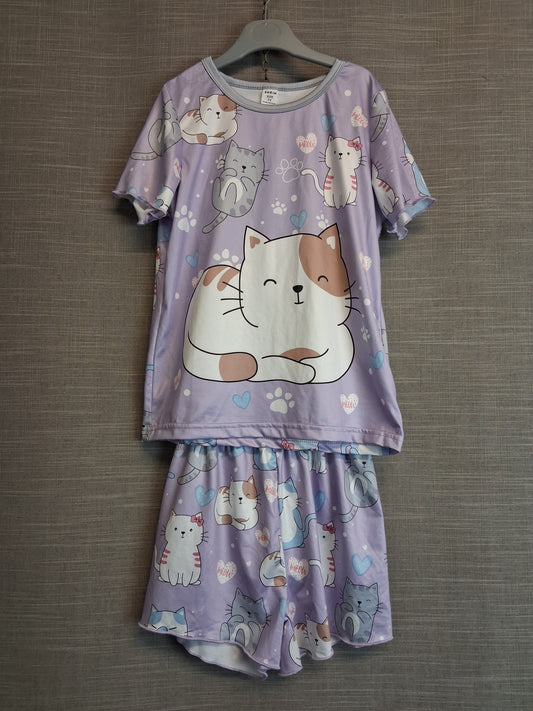Shein Pyjamas PJs 2 Piece Set Cat Theme Lilac Age 7 Years