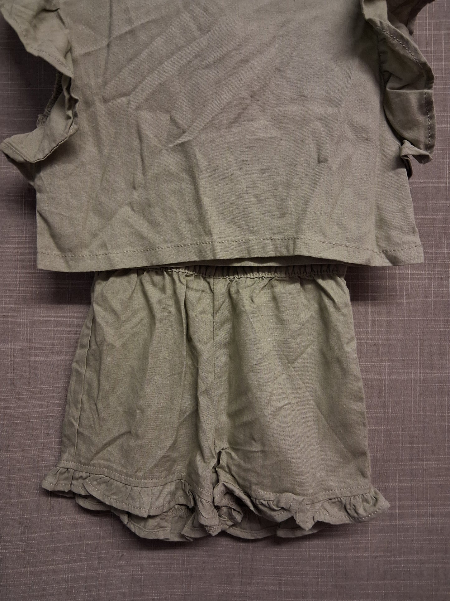 Lily & Dan Girls 2 Piece Outfit Khaki Green Top and Shorts Age 1-2 Years Linen Blend New