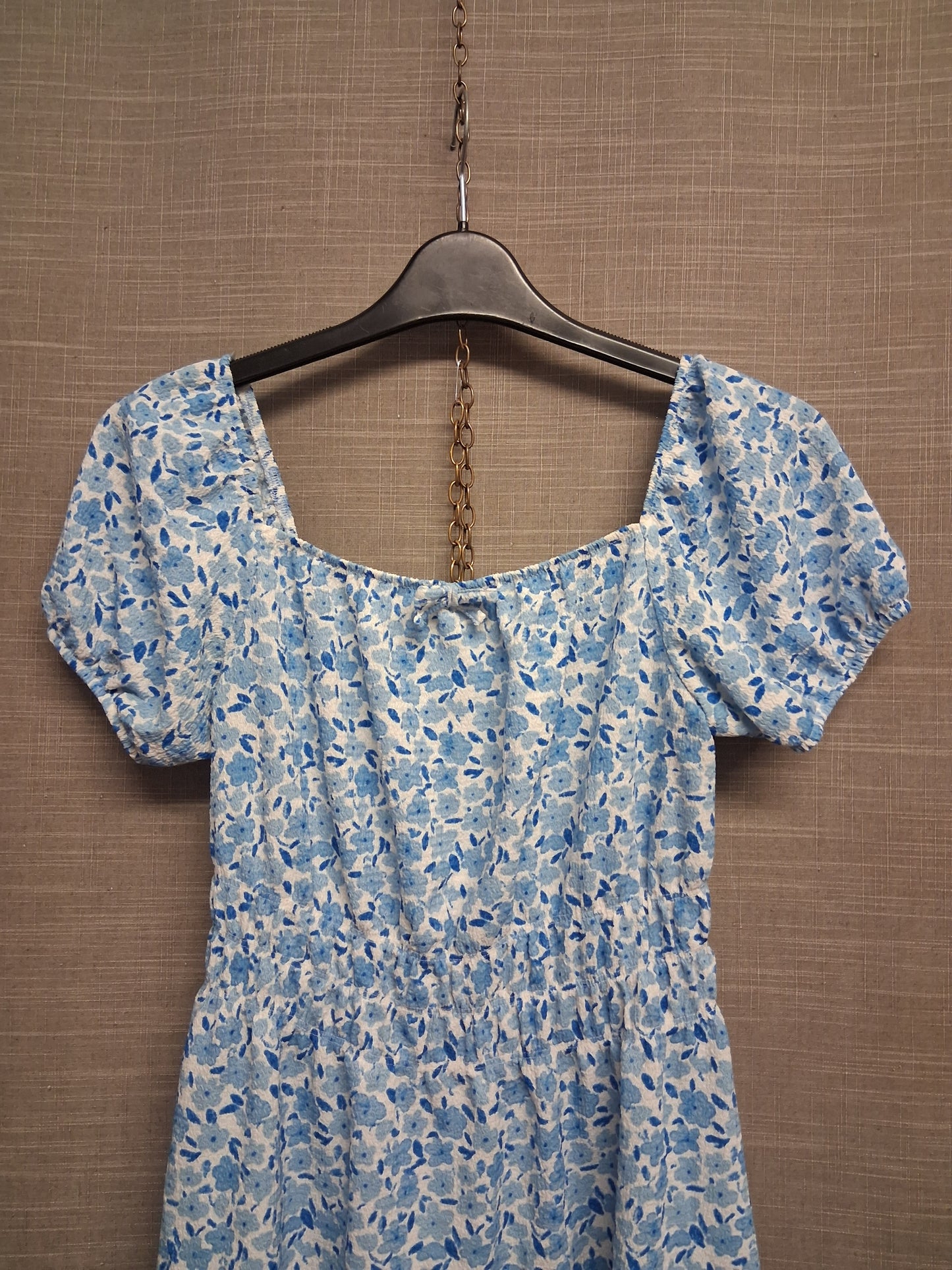 Primark Girls Blue White Floral A Line Dress Off the Shoulder Puff Sleeve Age 13-14 Years