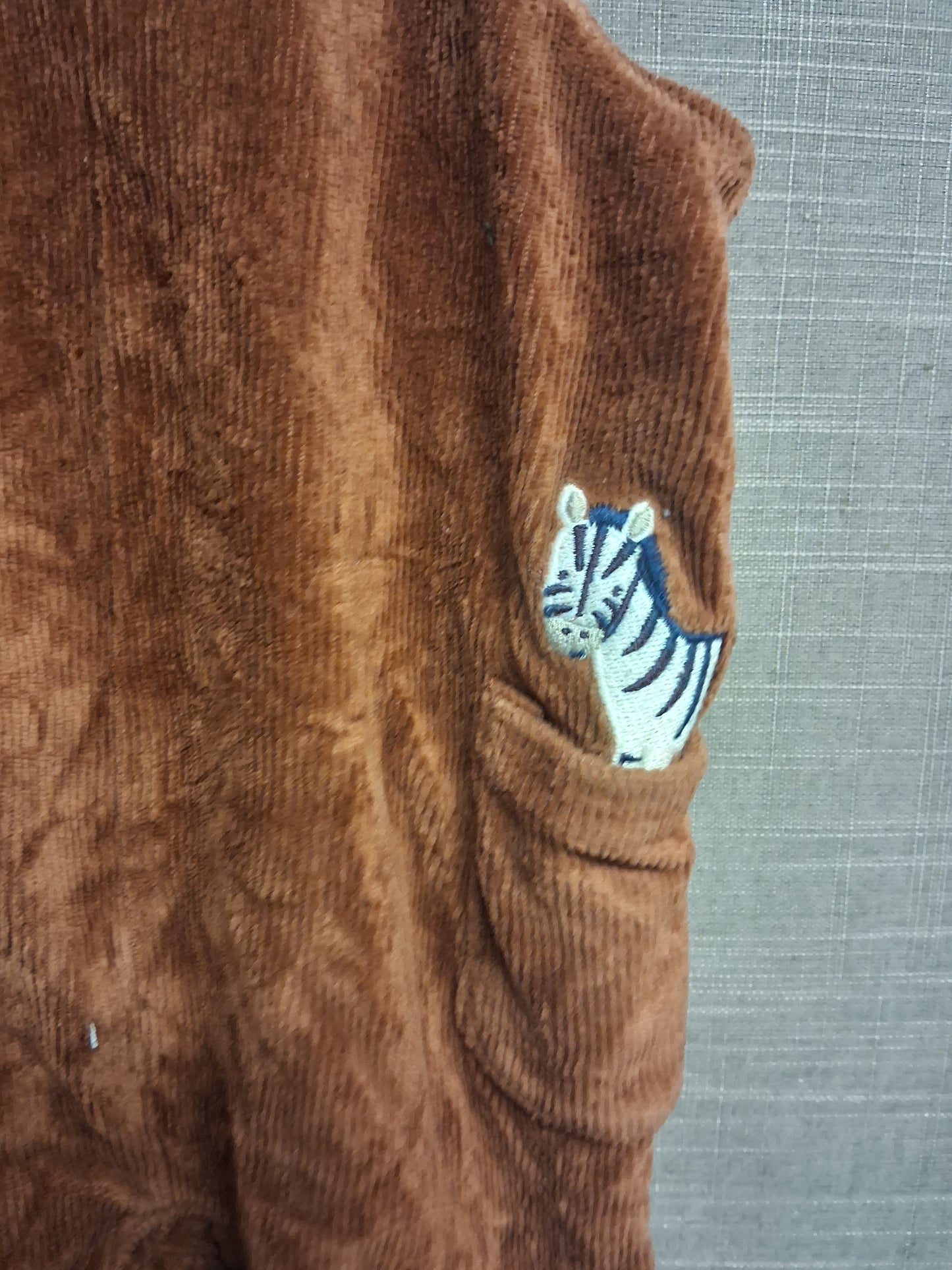 JoJo Maman Bebe Brown Velour Corduroy Dungarees Embroidered Animal Pockets Age 3-6 Months