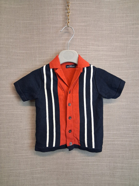 Next Boys Navy Red Knitted Short Sleeve Button Shirt Age 3-6 Months