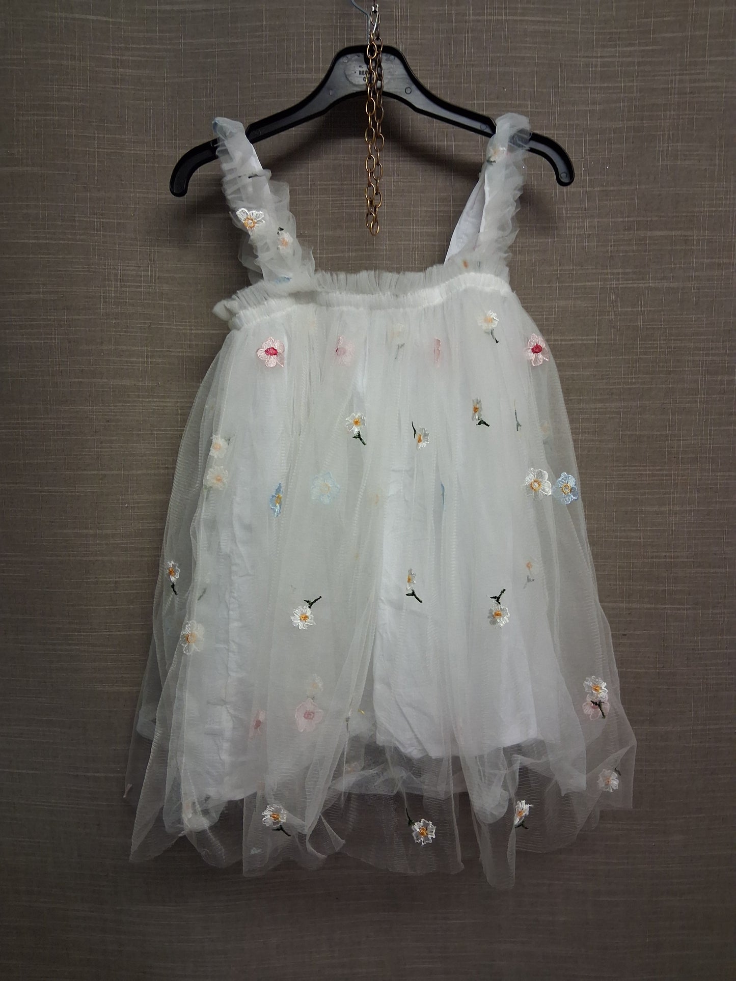 Shein White Mesh Summer Dress Embroidered Flowers Age 7-8  Years