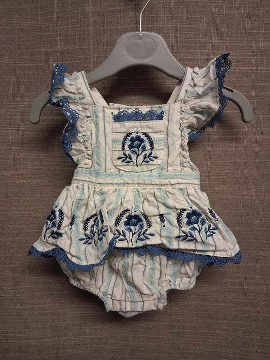 Haute Hippie Girls Ivory Blue Embroidered Floral Romper Age 0-3 Months