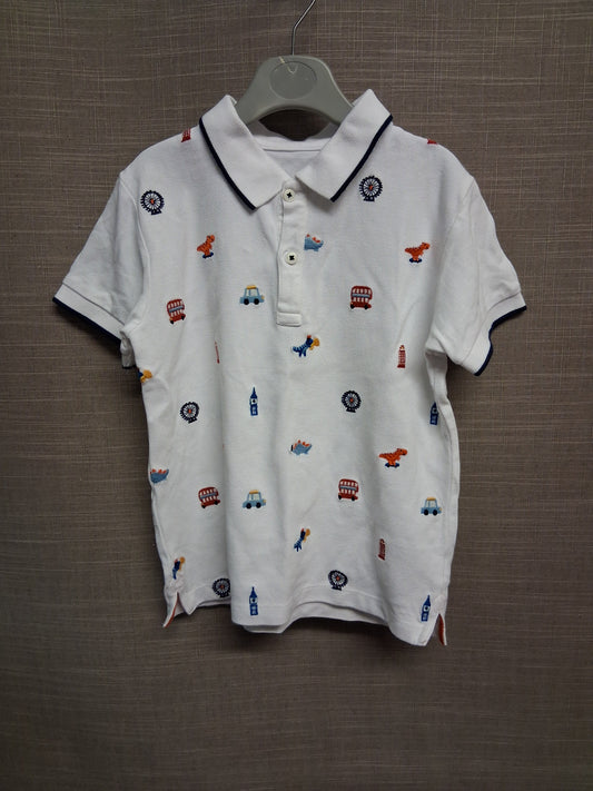Next Boys White Short Sleeve Polo T-Shirt Embroidered Vehicles Age 5-6 Years