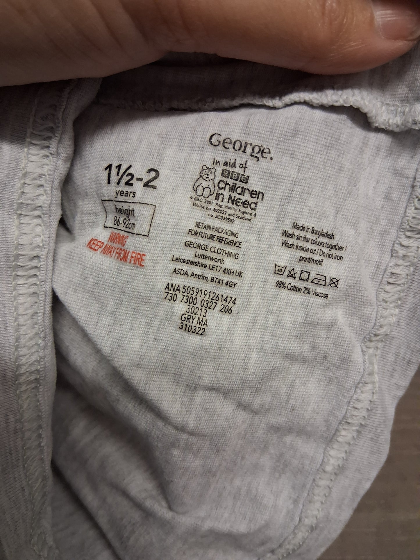 George Unisex "Pudsey" Children in Need Grey Long Sleeve T-Shirt Age 18-24 Months