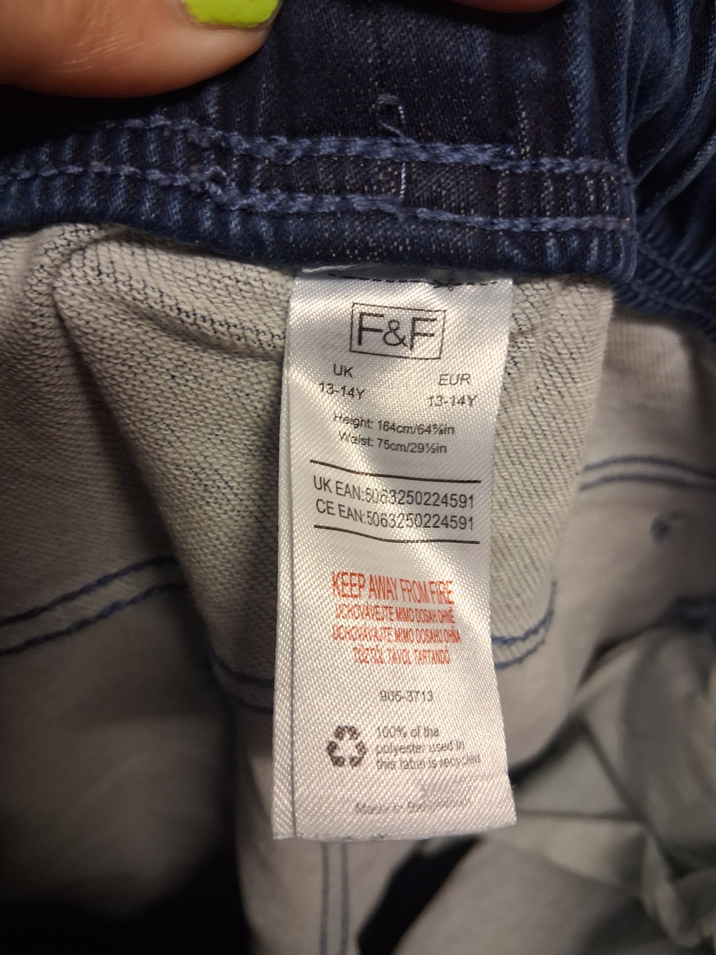 F&F Boys Blue Denim Jeans Age 14-15 Years Elastic Waist