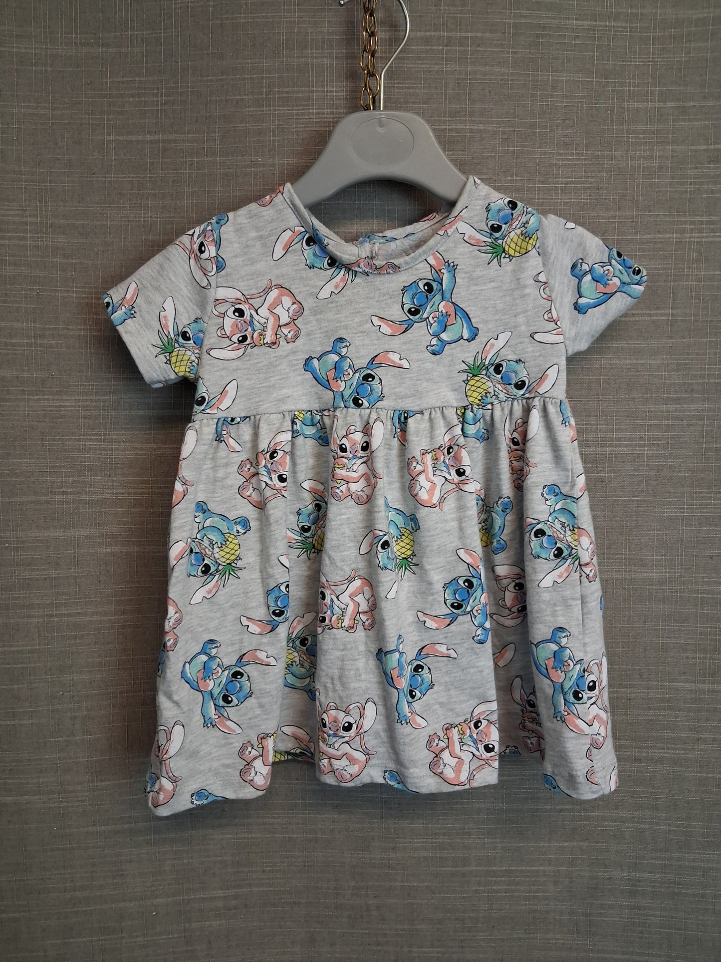 Disney Stitch Jersey Dress Grey Short Sleeve Age 6-9 Months