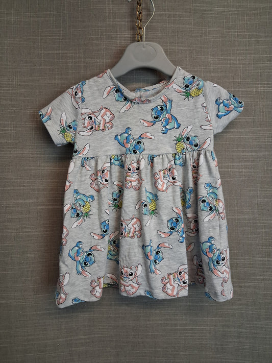 Disney Stitch Jersey Dress Grey Short Sleeve Age 6-9 Months