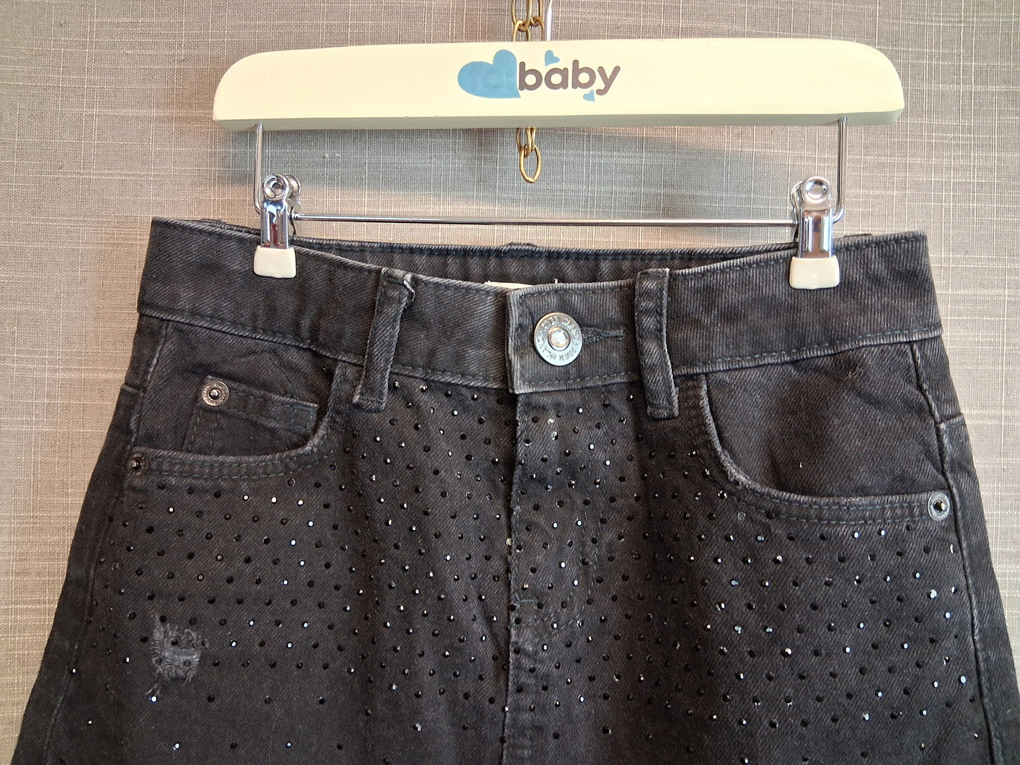 River Island Black Denim A Line Skirt Distressed Diamanté Trim Age 7-8 Years
