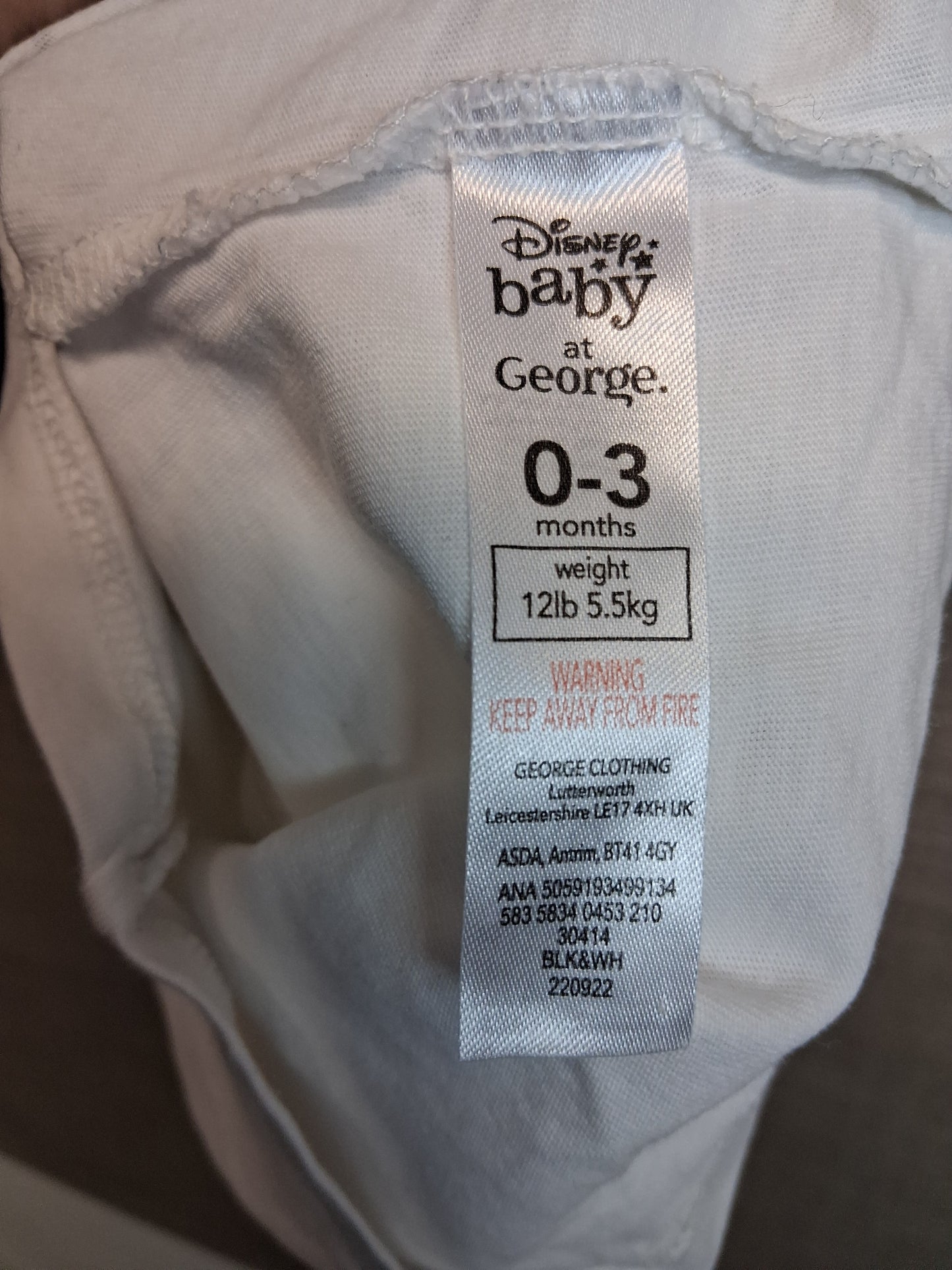 Disney Mickey Mouse White Long Sleeve T-Shirt Age 0-3 Months