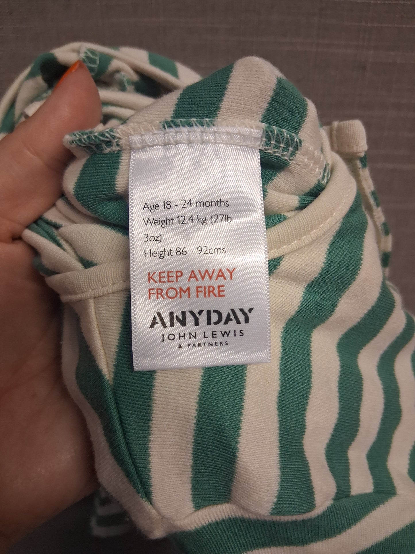 John Lewis Sleepsuit Boys Green Cream Striped Age 18-24 Months