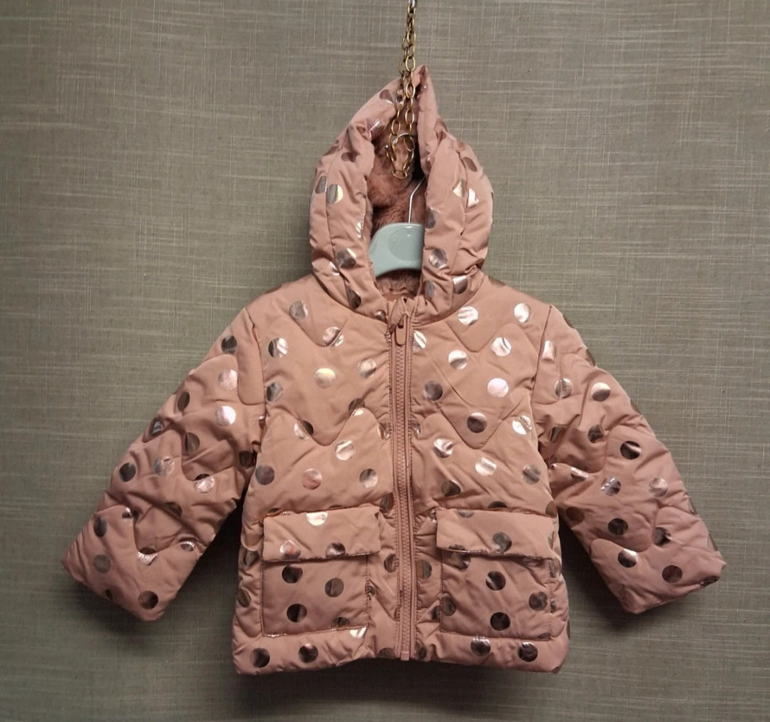 George Girls Blush Pink Gold Spots Padded Coat Plush Lined Age 6-9 Months