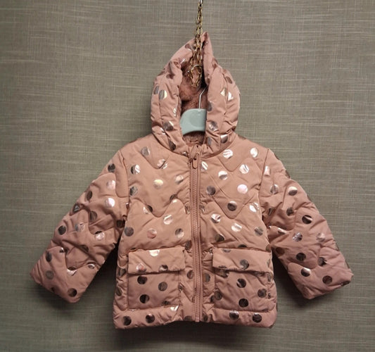 George Girls Blush Pink Gold Spots Padded Coat Plush Lined Age 6-9 Months
