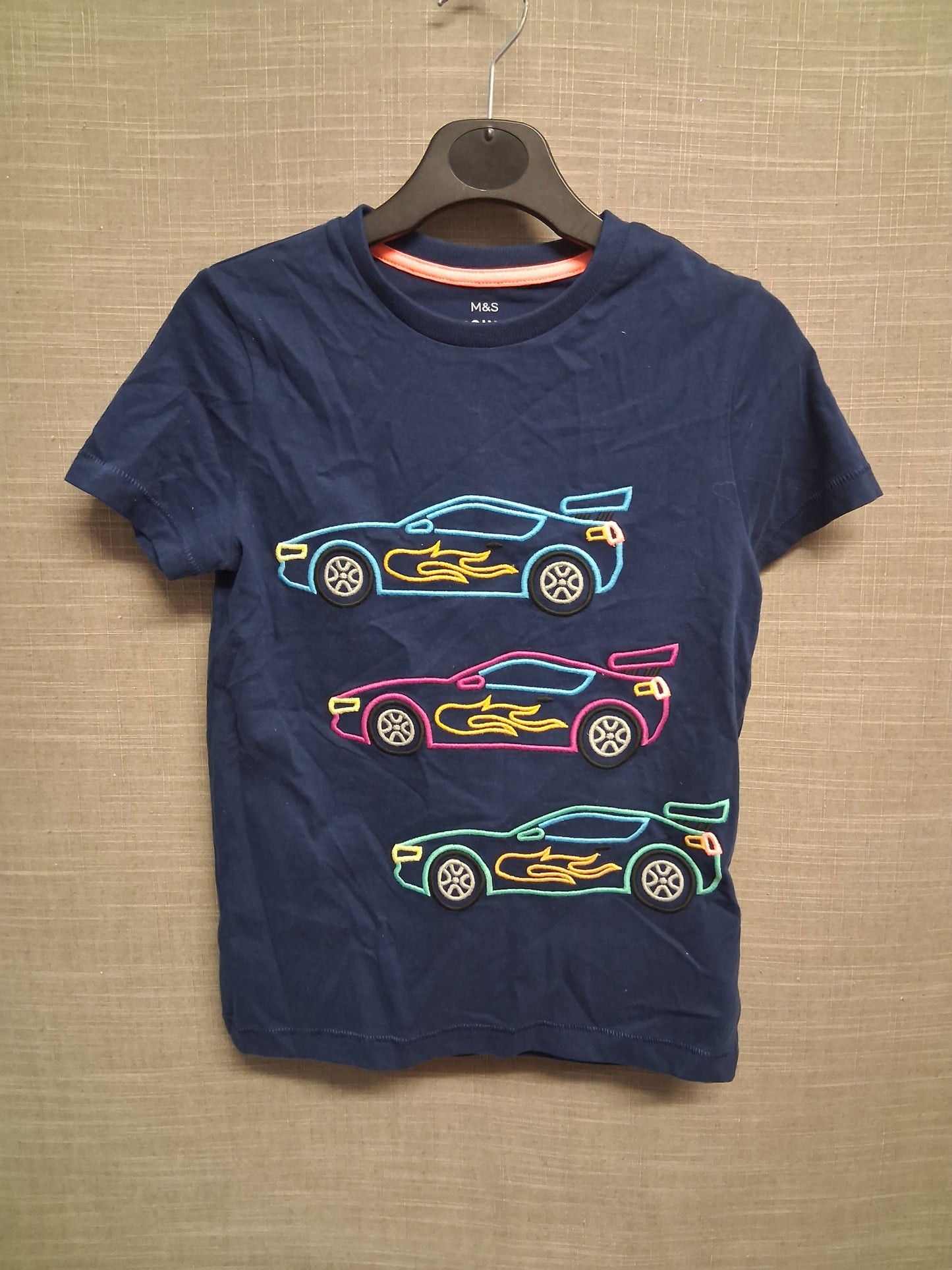 Marks and Spencer Blue Racing Car Short Sleeve T-Shirt Navy Age 6-7 Years