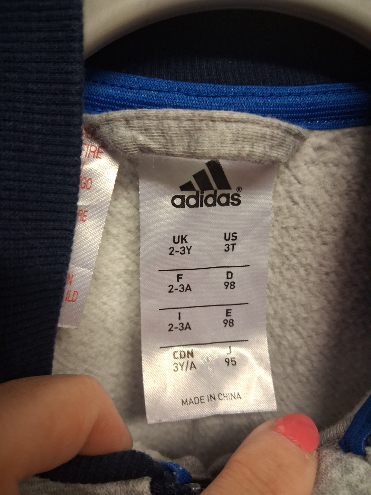Adidas Boys Full Zip Jacket Grey Navy Age 2-3 Years