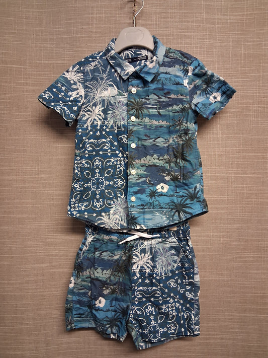 Next Boys 2 Piece Outfit Short Sleeve Shirt & Shorts Blue Hawaiian Theme Age 18-24 Months