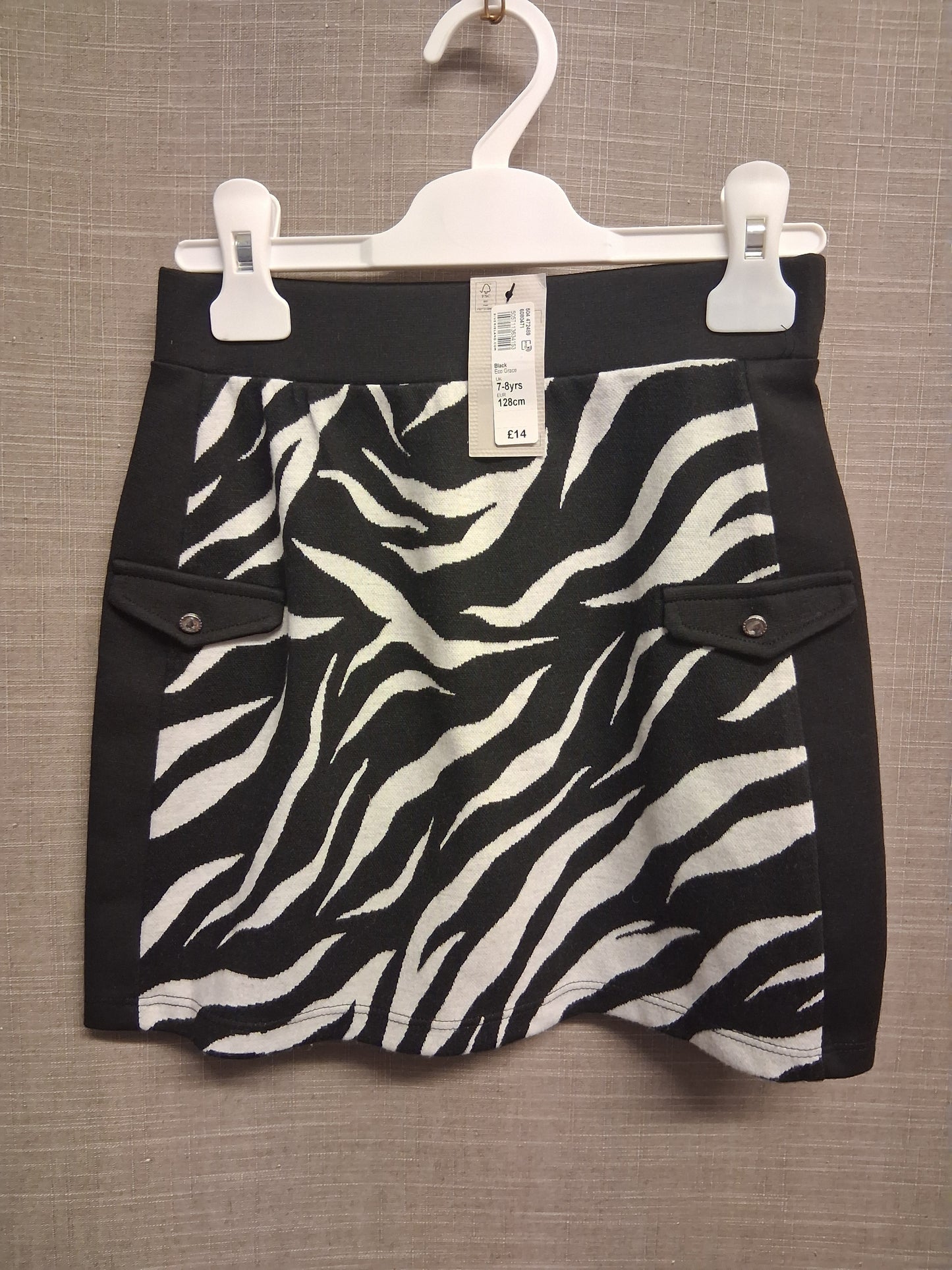 River Island Girls Jersey Skirt Black White Zebra Print with Pockets Age 7-8 Years New