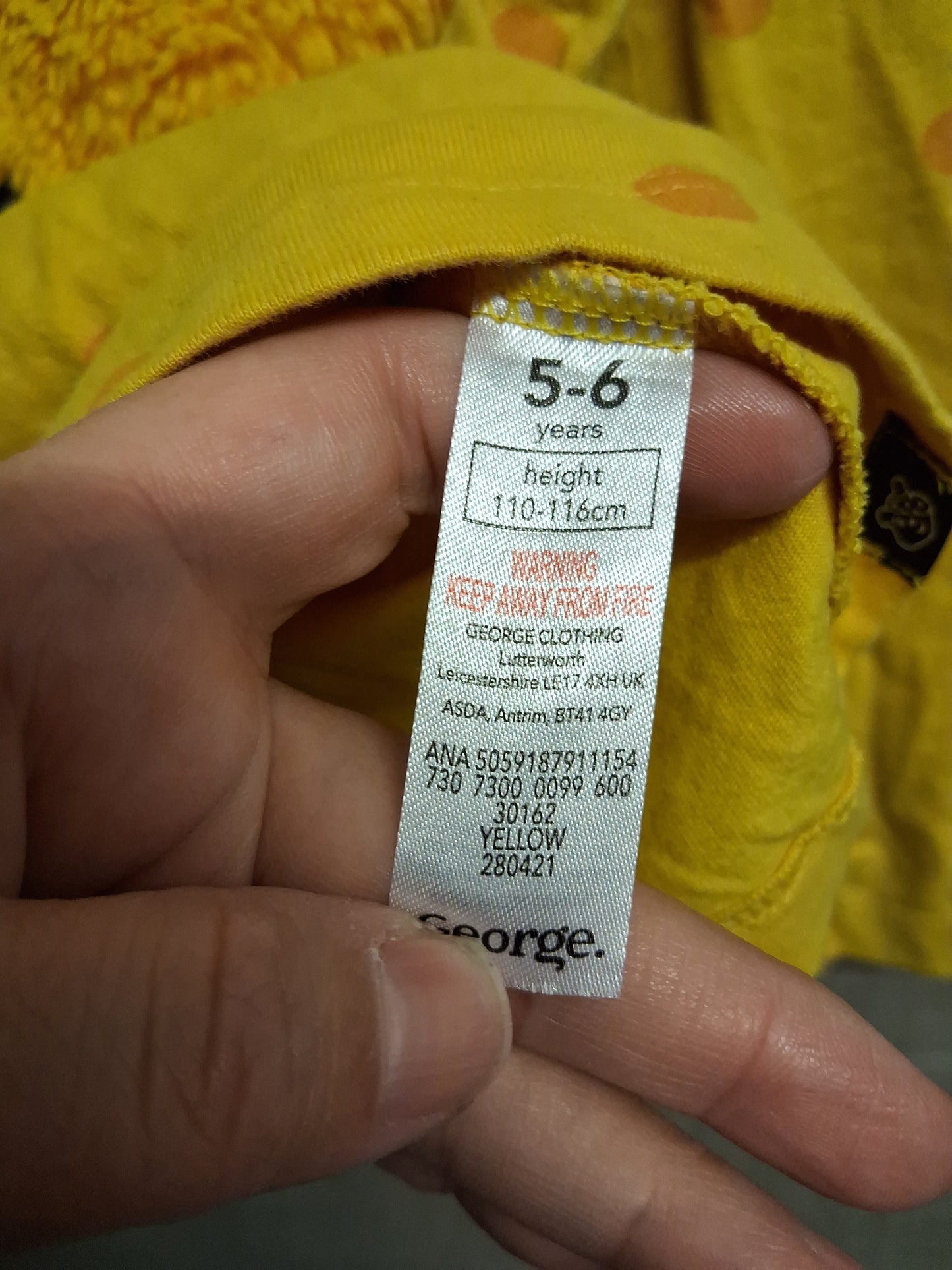 George Girl "Pudsey" Children in Need Yellow Long Sleeve T-Shirt Age 5-6 Years