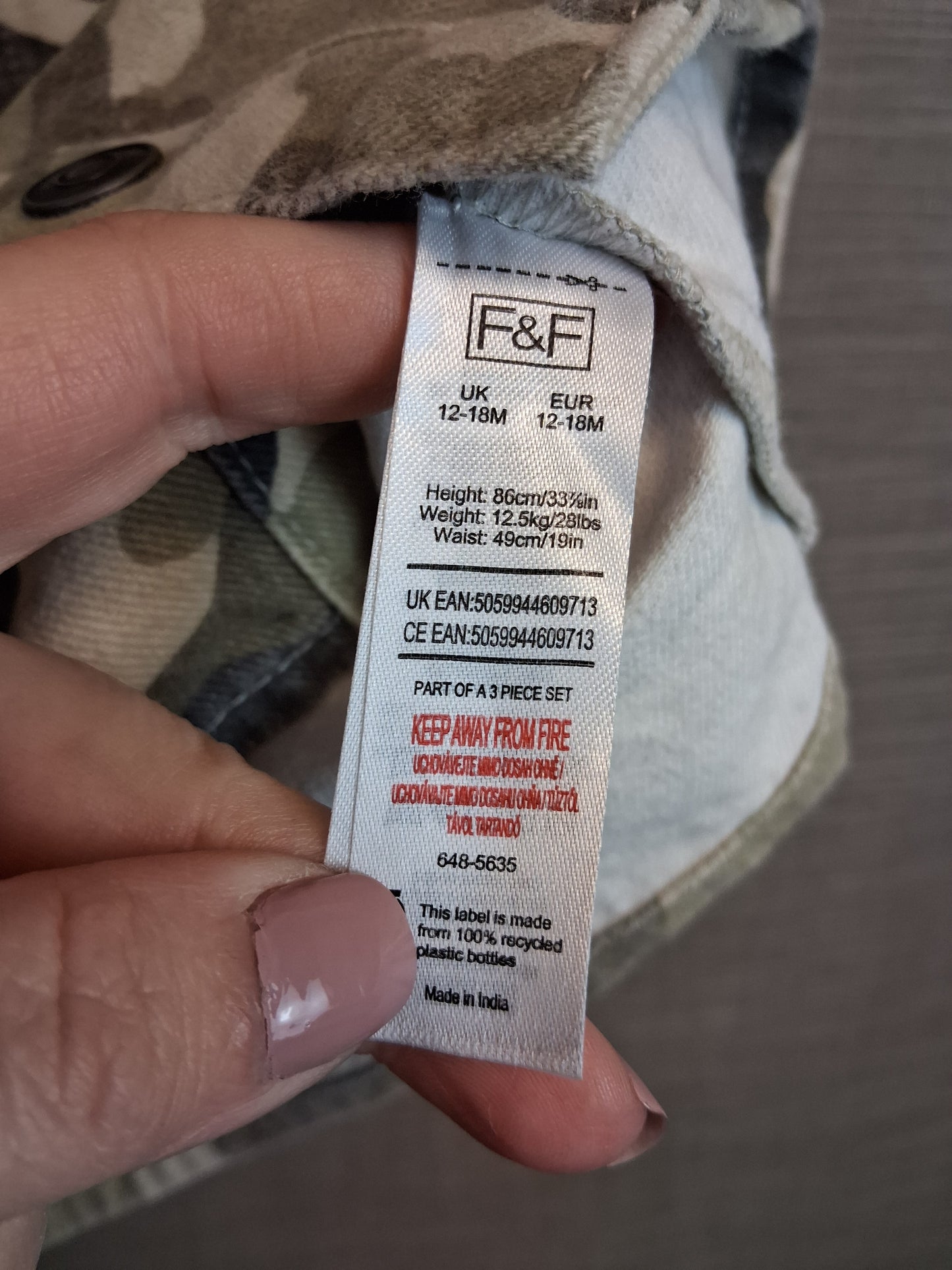 F&F Boys Camoflague Demin Shacket Age 12-18 Months 100% Cotton