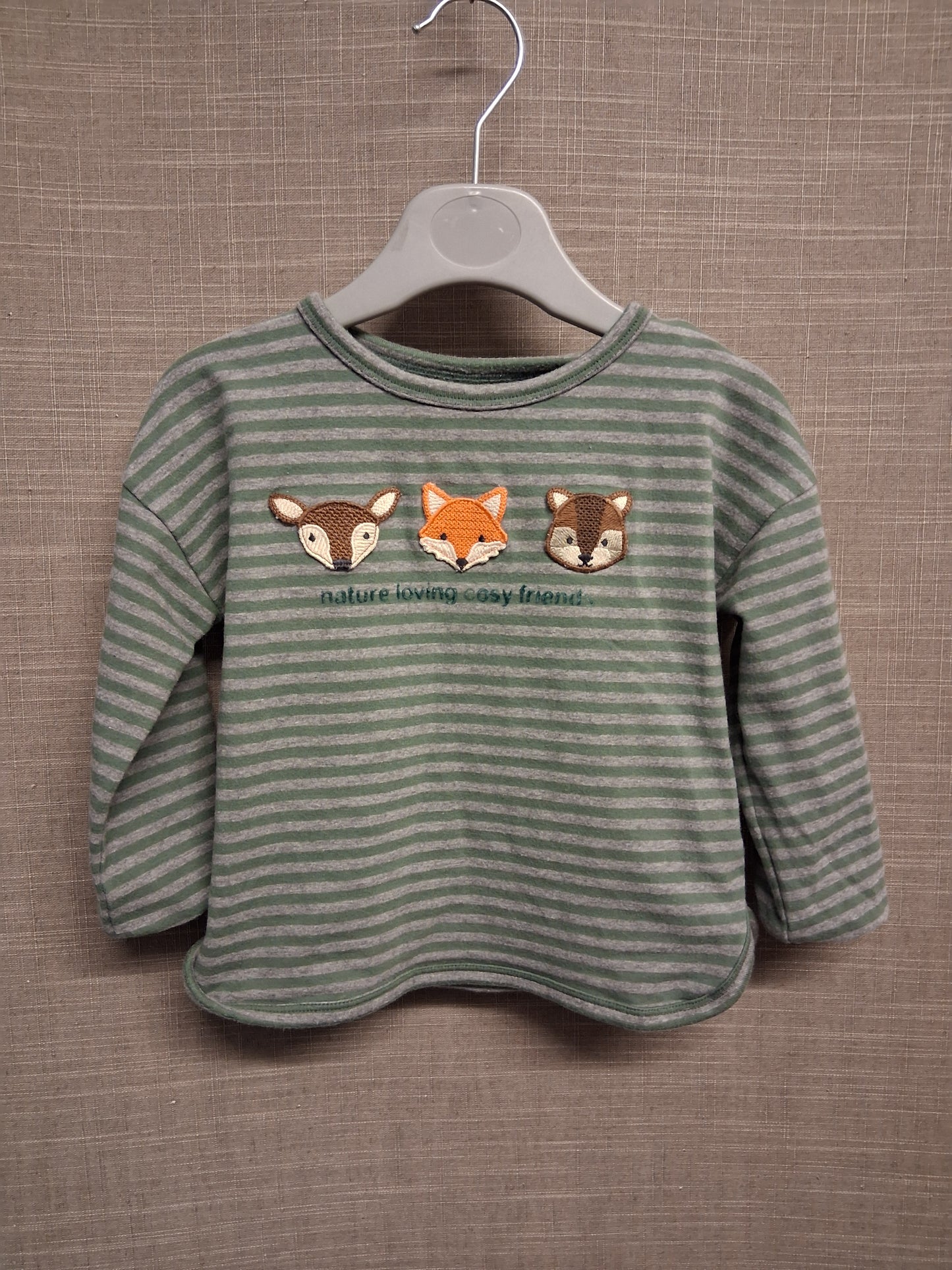 Next Boys Green Grey Striped Long Sleeve T-Shirt Woodland Animals 100% Cotton Age 12-18 Months