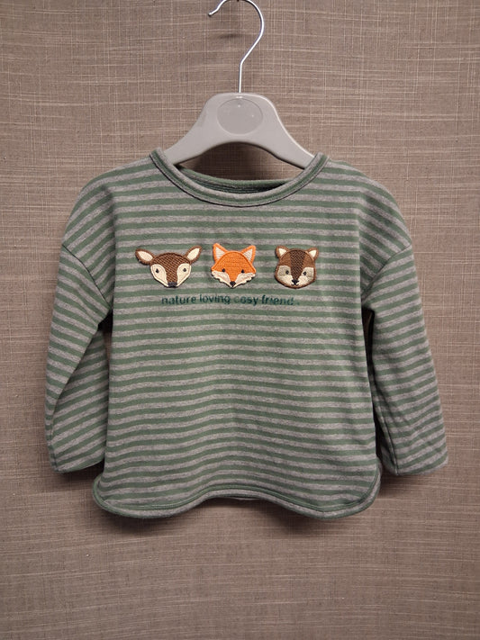 Next Boys Green Grey Striped Long Sleeve T-Shirt Woodland Animals 100% Cotton Age 12-18 Months