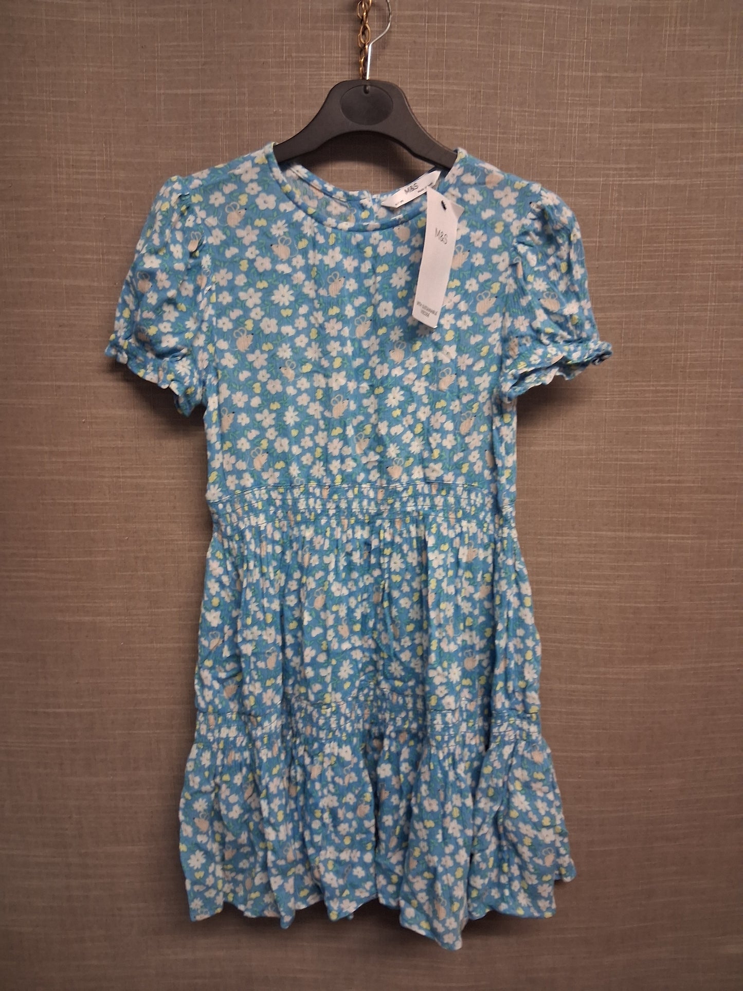 Marks & Spencer Girls Blue Floral Short Sleeve Dress Age 6-7 Years New