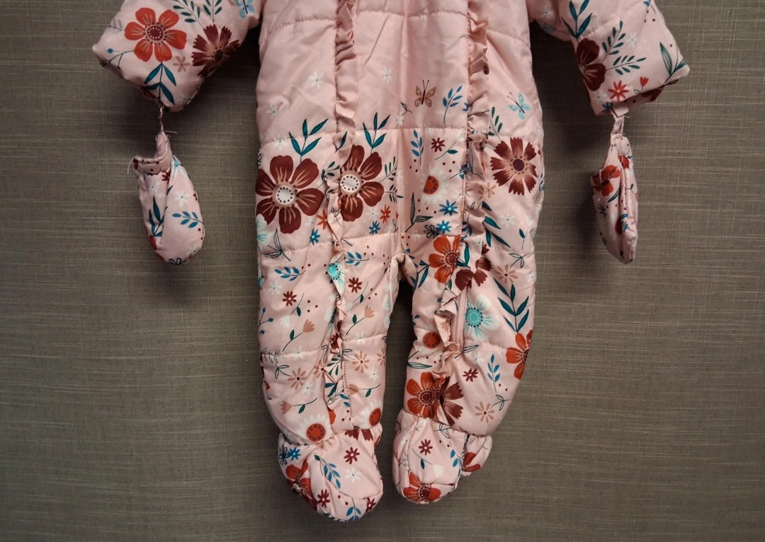 George Girls Pink Floral Padded Snowsuit Showerproof Age 3-6 Months With Mitts - Marked