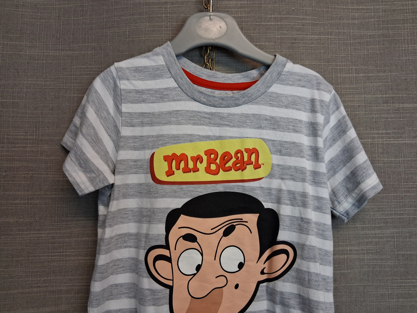 Mr Bean Boys T-Shirt Grey Striped Graphic Print Age 5 Years