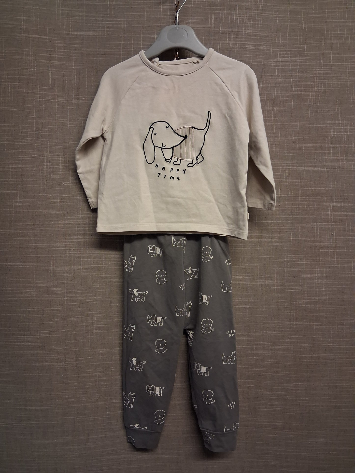 Next Baby Beige Grey Dog Theme Jersey Outfit Age 12-18 Months 100% Cotton