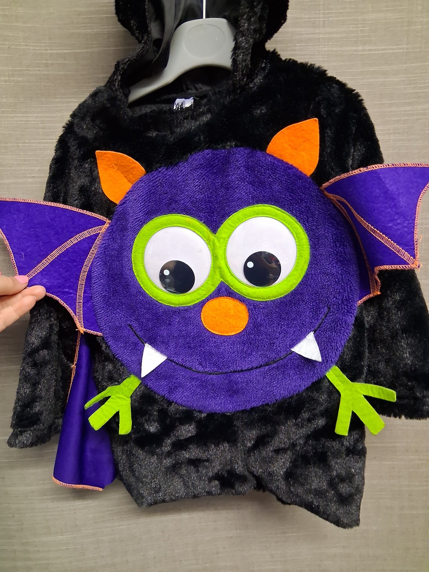 George Halloween Bat Costume Black Purple Plush Hooded Winged Sleeve Age 1-2 years