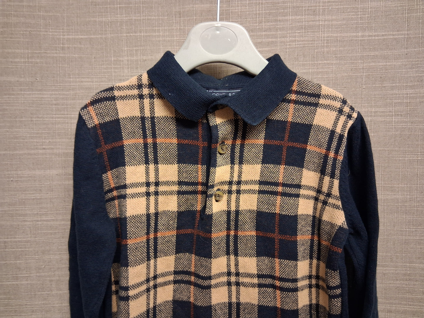 Next Boys Blue Beige Checked Long Sleeve Thin Knit Jumper Age 6 years