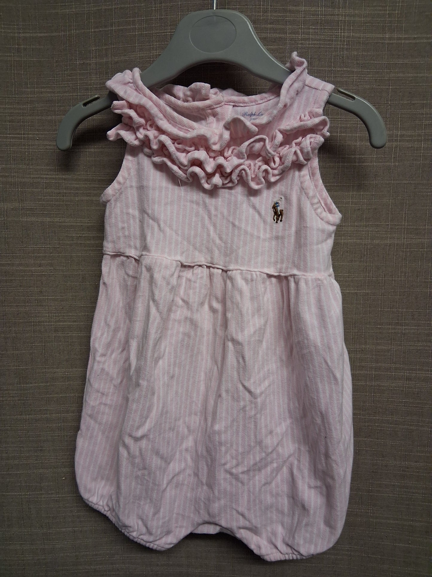 Ralph Lauren Girls Pink White Striped Frilly Romper Age 12-18 Months