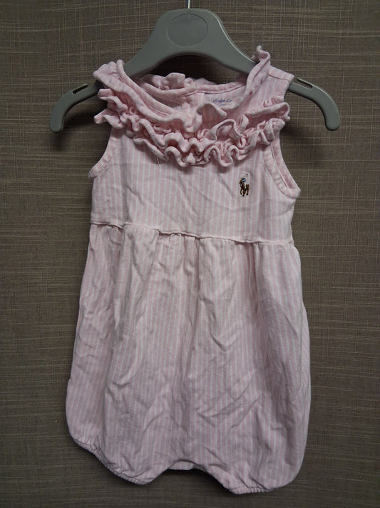 Ralph Lauren Girls Pink White Striped Frilly Romper Age 12-18 Months