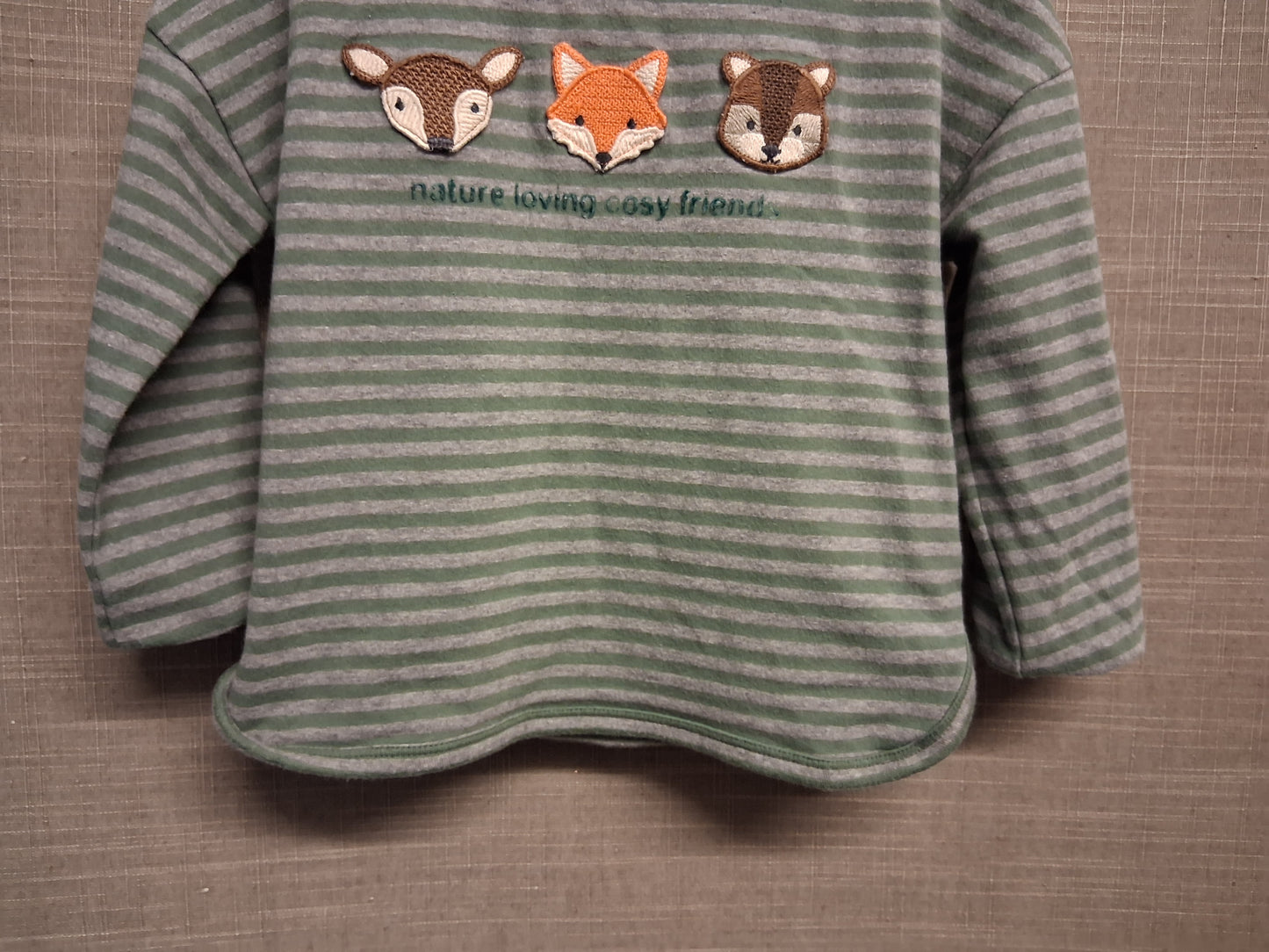 Next Boys Green Grey Striped Long Sleeve T-Shirt Woodland Animals 100% Cotton Age 12-18 Months