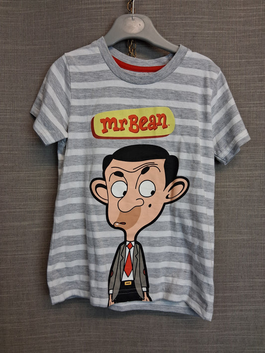 Mr Bean Boys T-Shirt Grey Striped Graphic Print Age 5 Years