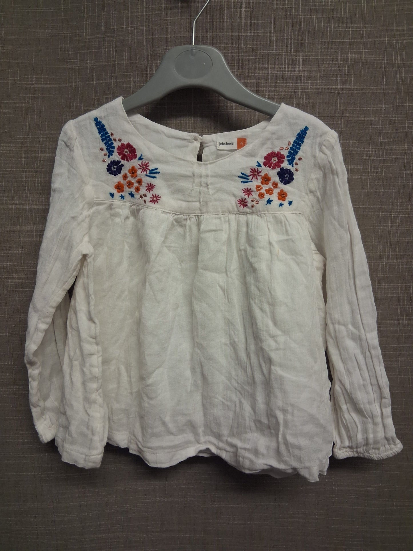 John Lewis Girls White Embroidered Floral Long Sleeve Top Age 4-5 Years