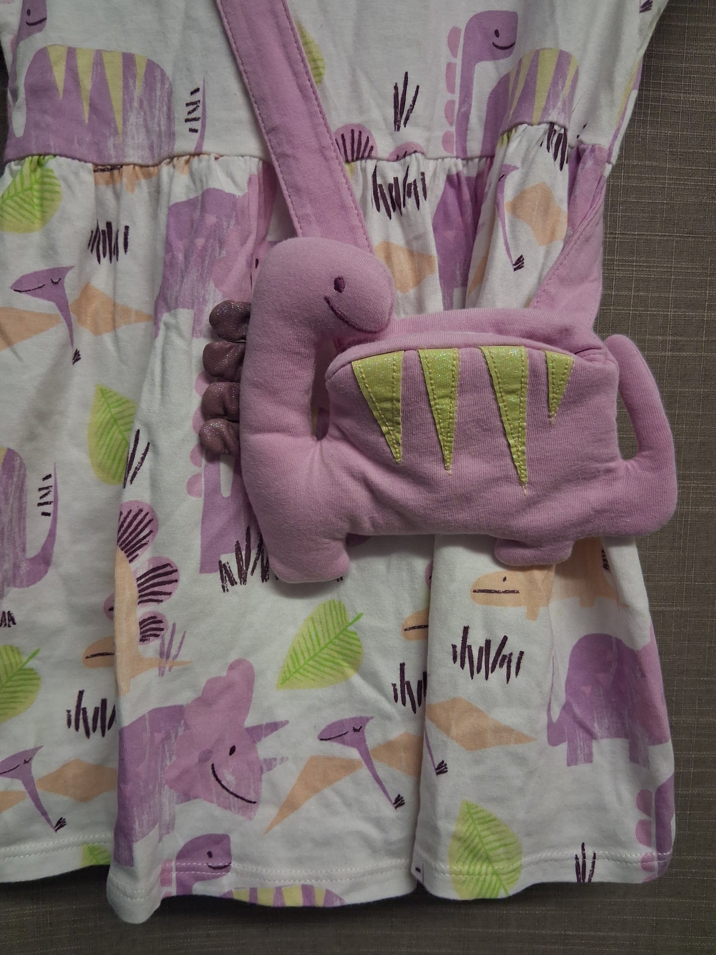 George Girls Lilac White Dinosaur T-Shirt Dress Short Sleeve with Matching Dinosaur Bag Age 2-3 Years