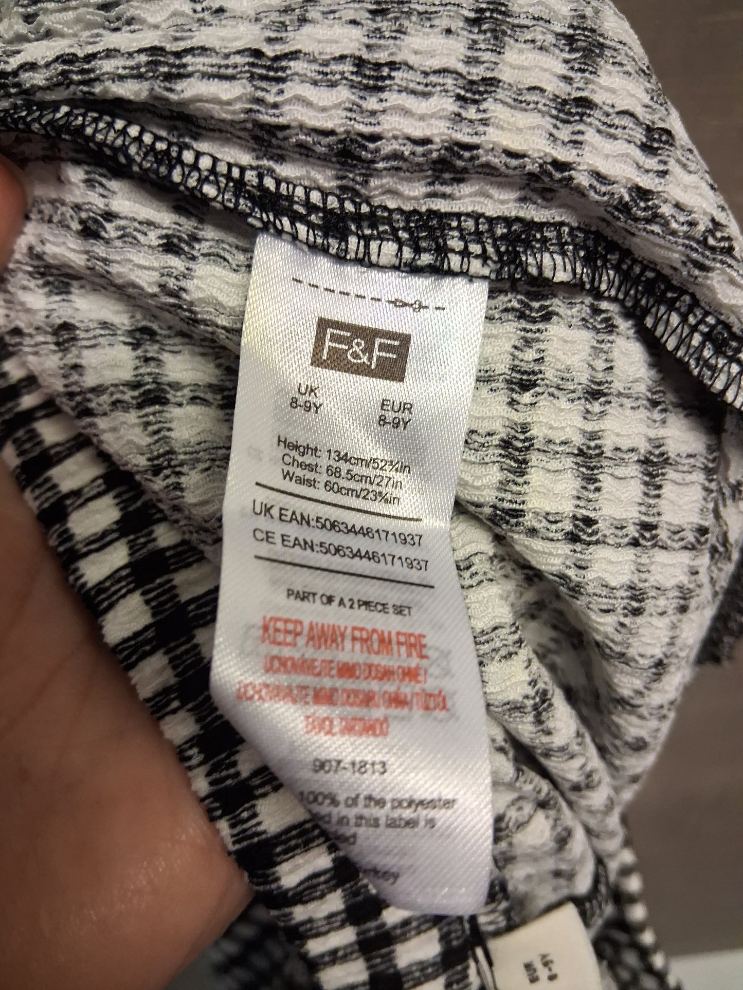 F&F Black White Gingham Checked Shorts Age 8-9 Years New