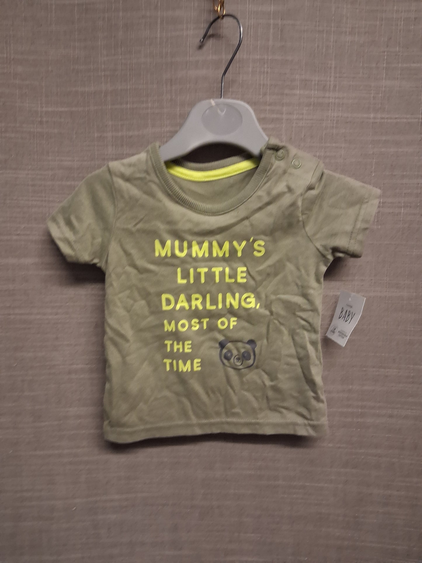 George Boys Khaki Green Short Sleeve Mummy's Darling T-Shirt Age 0-3 Months New