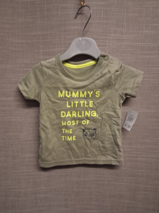 George Boys Khaki Green Short Sleeve Mummy's Darling T-Shirt Age 0-3 Months New
