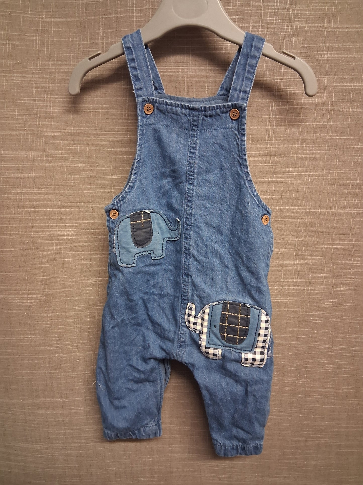 Next Boys Denim Dungarees Elephant Motifs Cotton Lining Age 3-6 Months