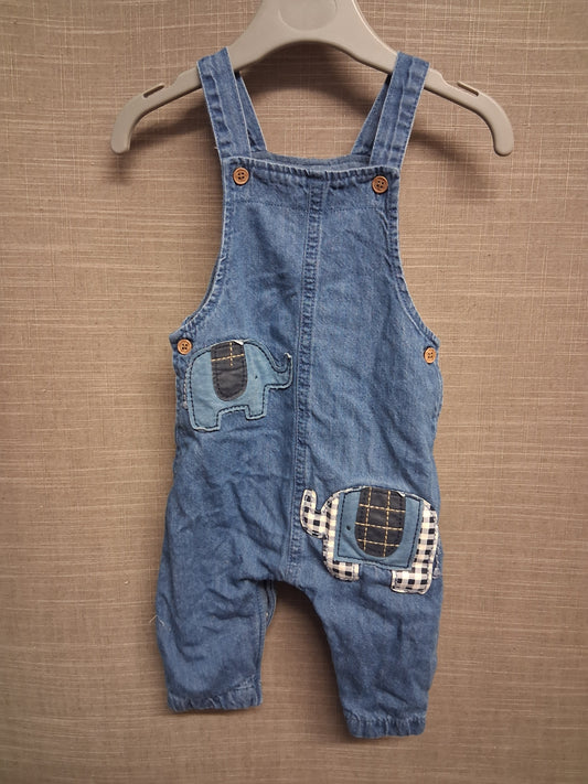 Next Boys Denim Dungarees Elephant Motifs Cotton Lining Age 3-6 Months