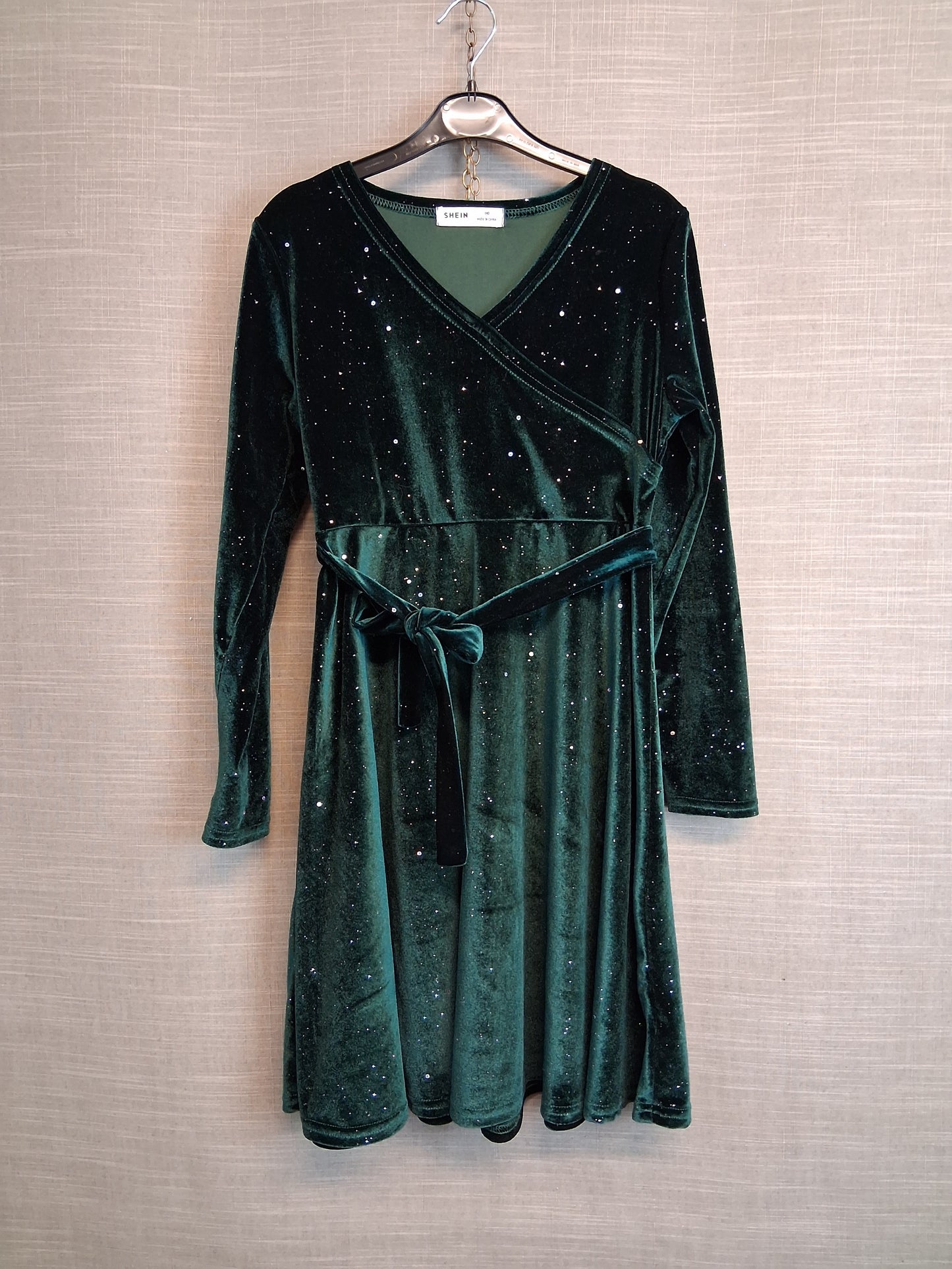 Shein Girls Green Sparkly Velour Dress with Belt Age 9-10 Years
