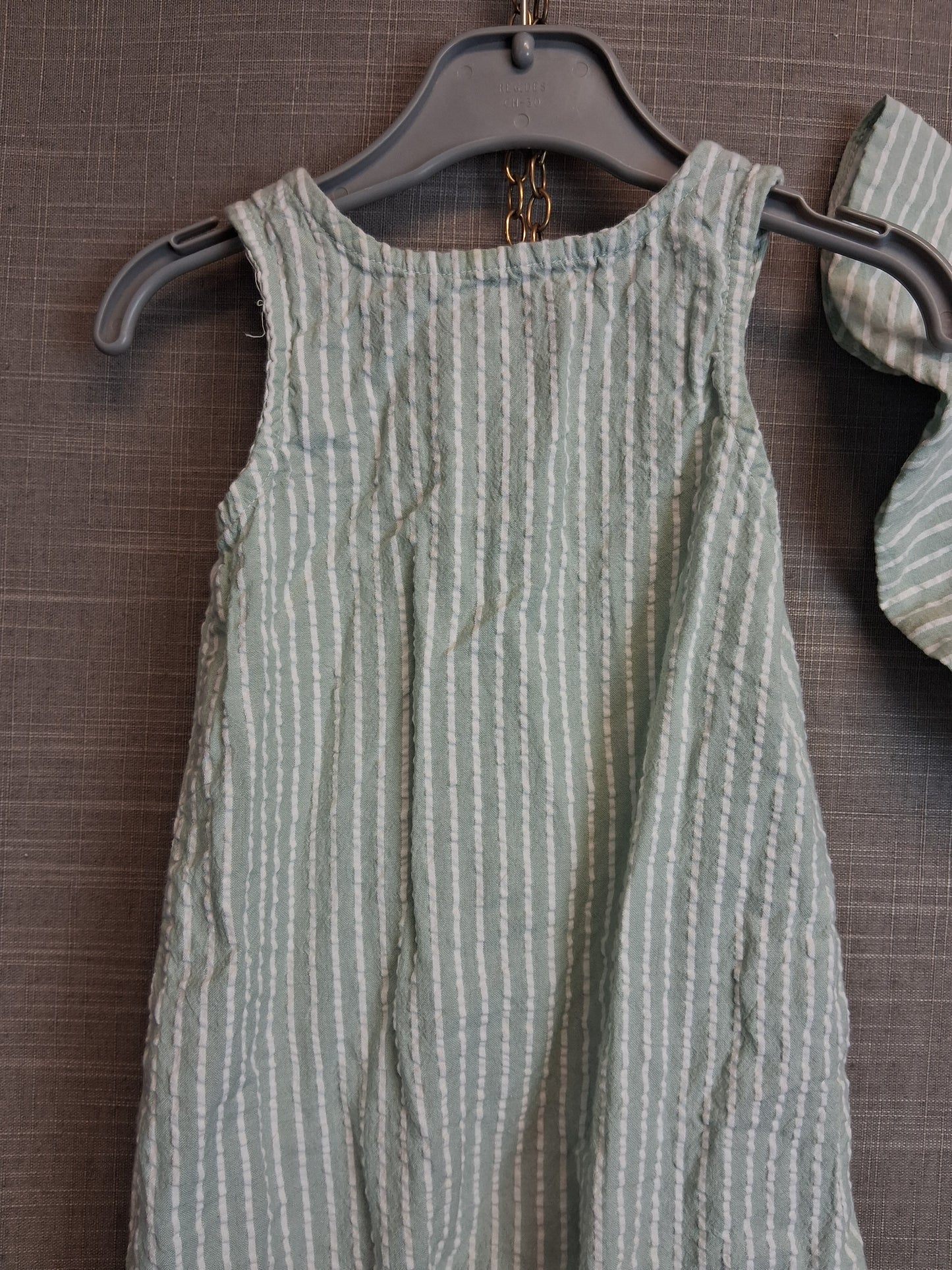 Matalan Girls Summer Romper Green White Striped With Hat Age 9-12 Months