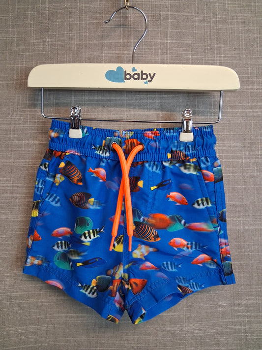 Next Boys Swim Trunks Shorts Blue Fish Print Age 3-6 Months