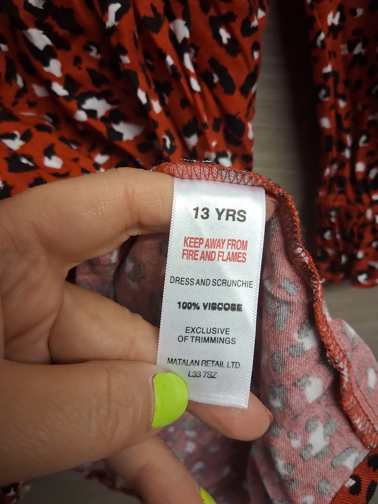 Matalan Girls Red Leopard Print Peter Pan Collar Long Sleeve Dress Age 13 Years