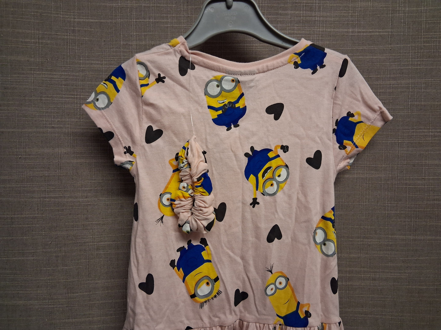 F&F Girls Pink Minion T-Shirt Dress Short Sleeve Matching Hair Scrunchie Age 2-3 Years New