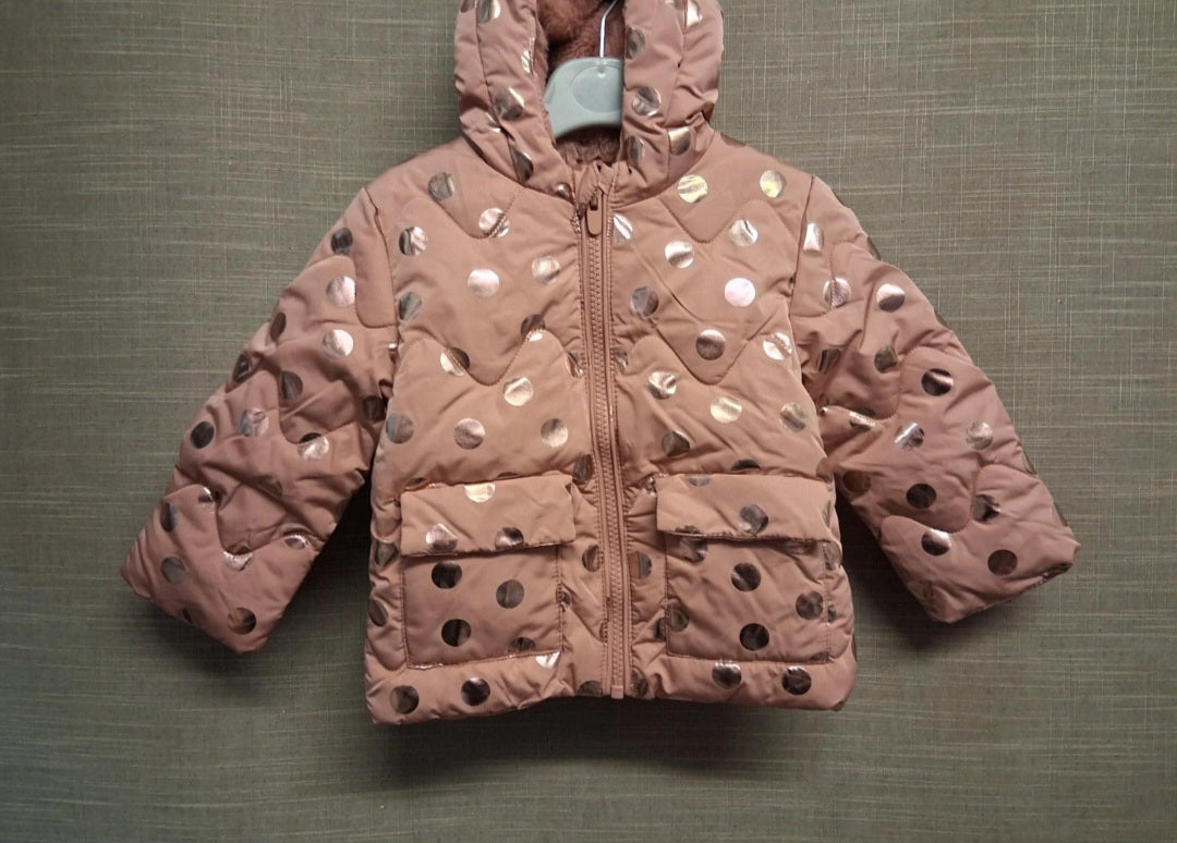 George Girls Blush Pink Gold Spots Padded Coat Plush Lined Age 6-9 Months