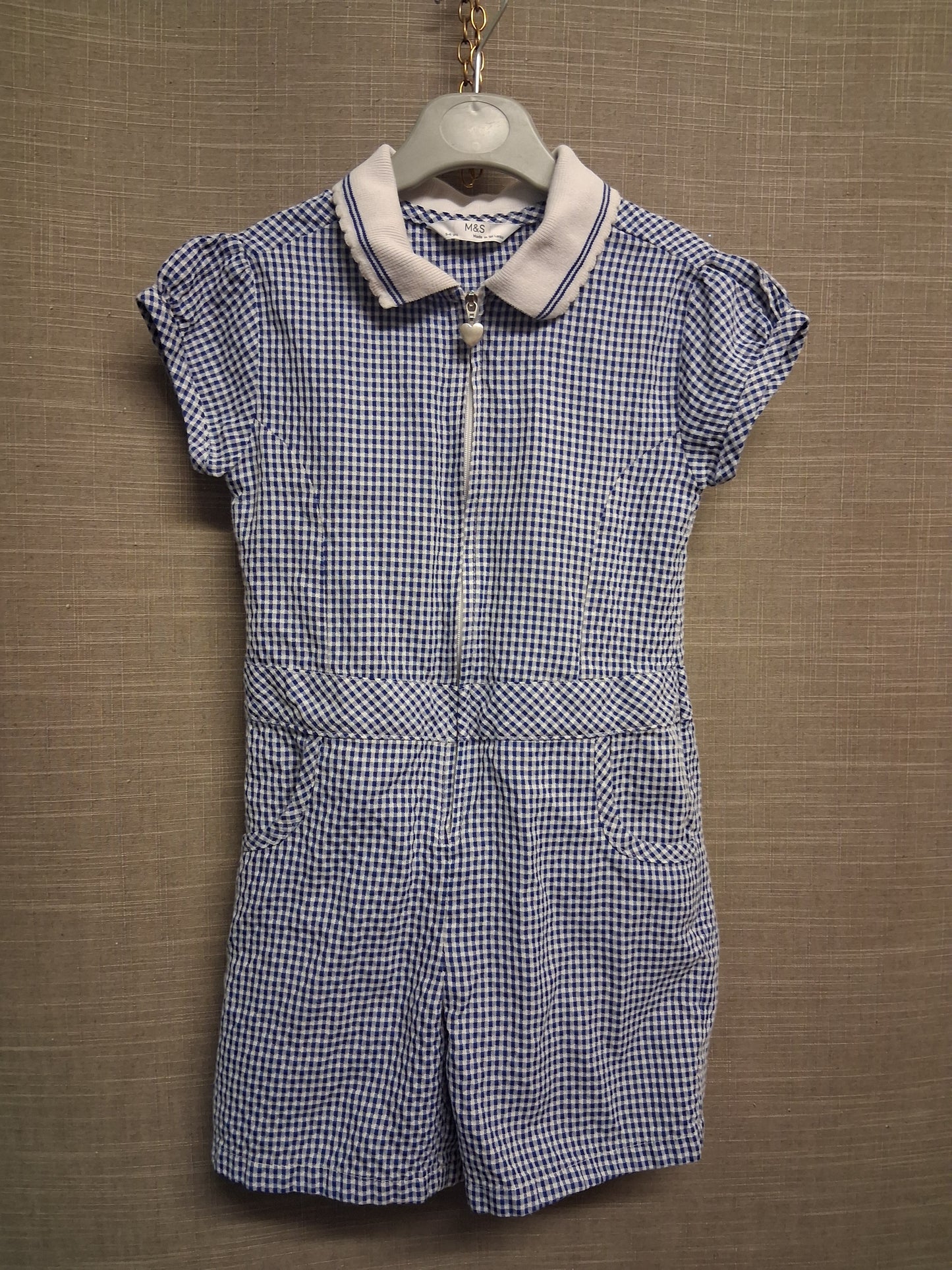 Marks and Spencer Girls Blue White Gingham Playsuit Age 5-6 Years
